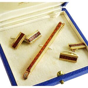 Vintage Faux Leather Cufflinks Set with Tie Bar Loose Chain Link Cuff Links